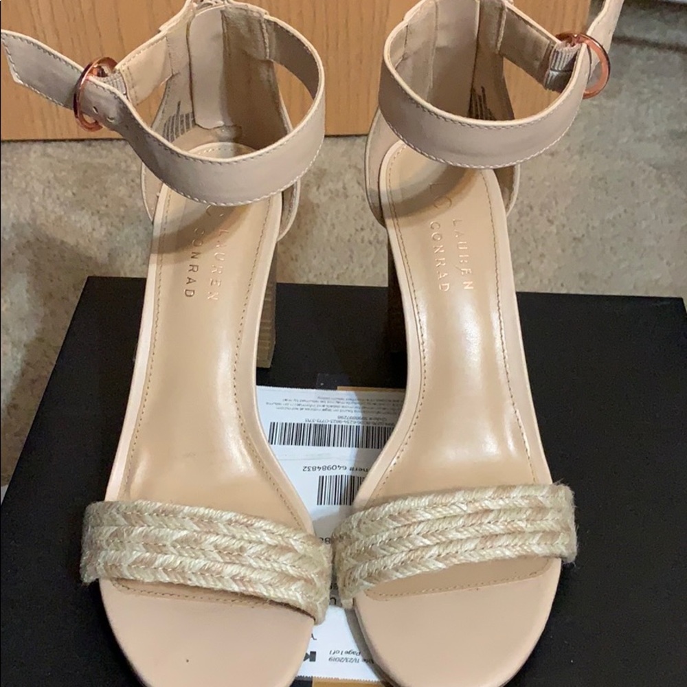 Lauren Conrad nude heels with a rose gold buckle